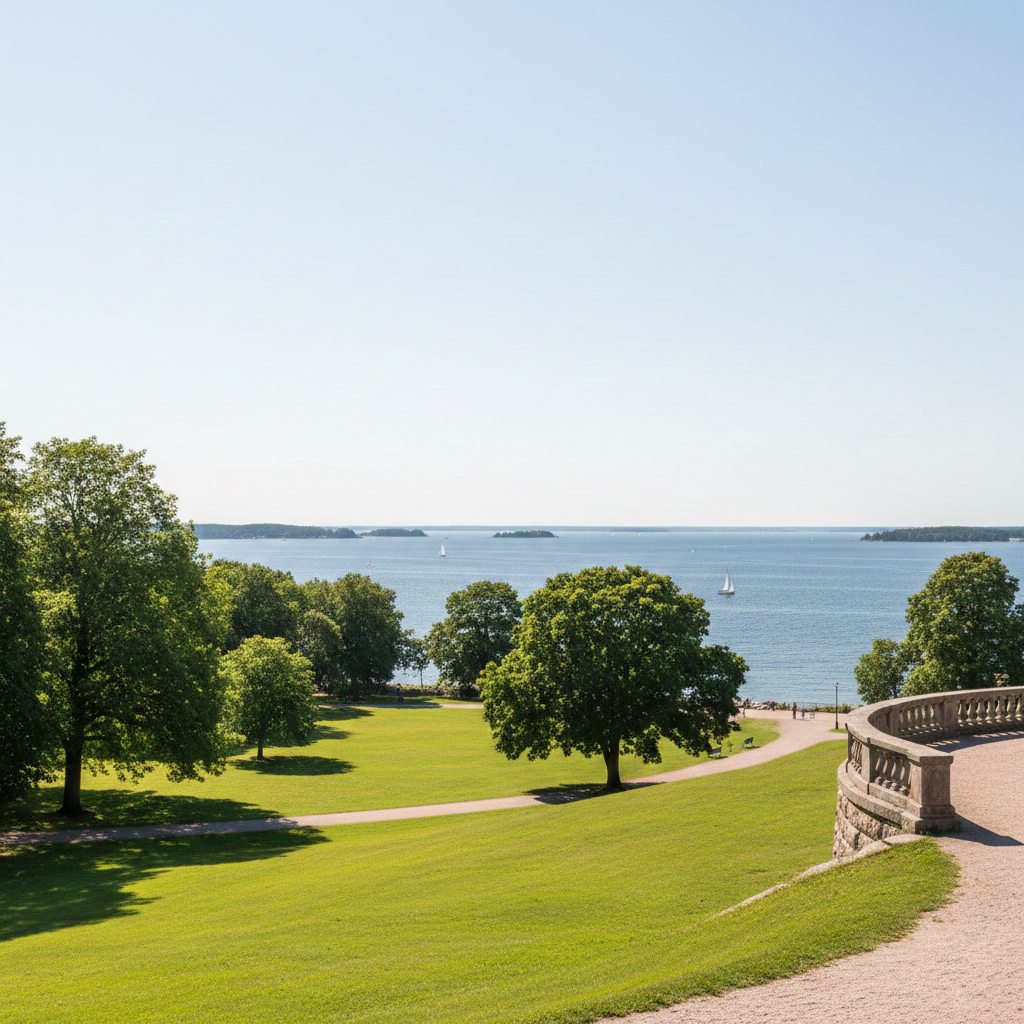 Kaivopuiston vehreä maisema ja merinäköala kesällä